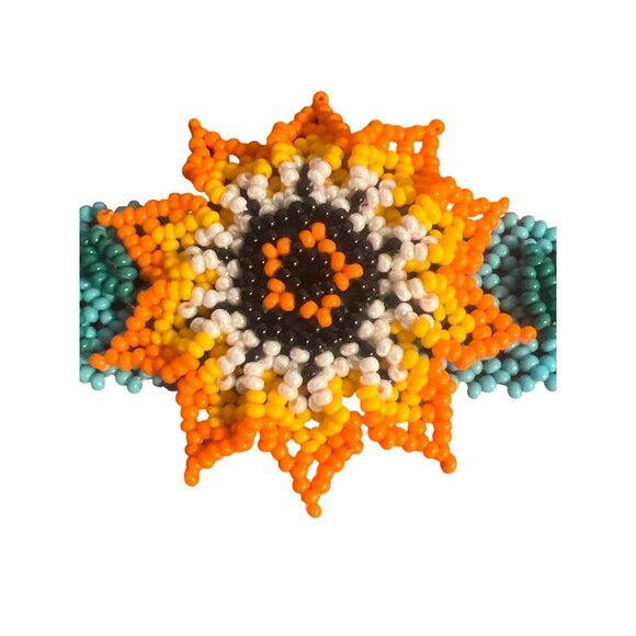 Shakira Huichol Seed Bead Cuff Bracelet 3D Flowers Turquoise Orange 3 Sizes NWT - Picture 2 of 8